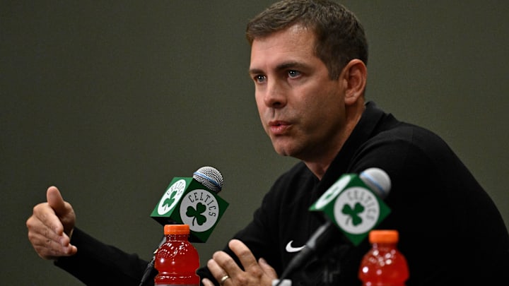 Sep 25, 2025; Boston, MA, USA;  Boston Celtics president of basketball operations Brad Stevens speaks during a press conference at the Auerbach Center. Mandatory Credit: Eric Canha-Imagn Images
