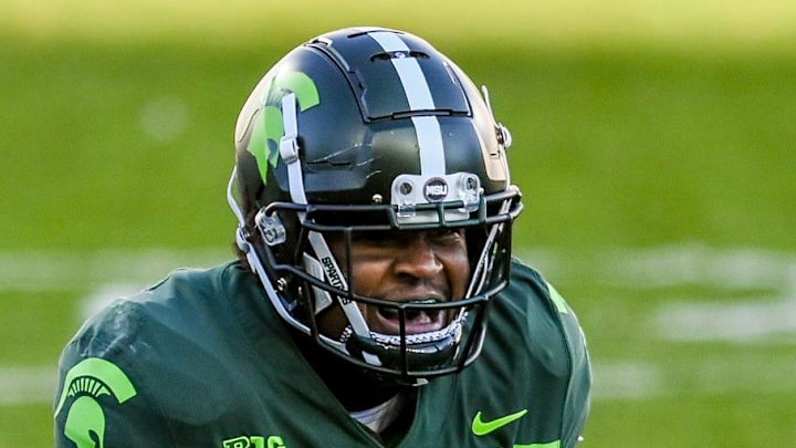 Michigan State's Antjuan Simmons celebrates a stop against Northwestern during the first quarter on Saturday, Nov. 28, 2020, at Spartan Stadium in East Lansing.