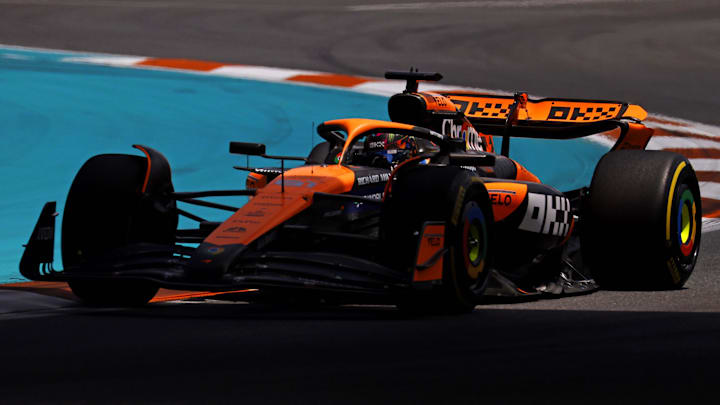 May 4, 2024; Miami Gardens, Florida, USA; McLaren driver Oscar Piastri (81) during the F1 Sprint Race at Miami International Autodrome. Mandatory Credit: Peter Casey-Imagn Images