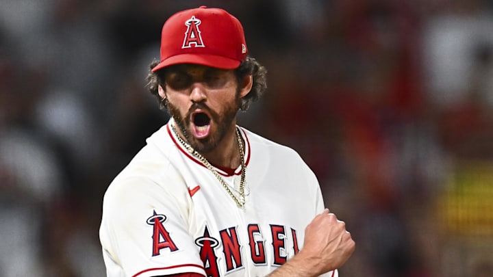 Apr 4, 2026; Anaheim, California, USA; Los Angeles Angels pitcher Jordan Romano (68) reacts after throwing final striking out to end the game against the Seattle Mariners during the ninth inning at Angel Stadium. Mandatory Credit: Jonathan Hui-Imagn Images