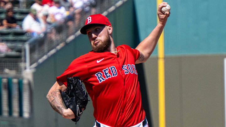 Feb 23, 2025; Fort Myers, Florida, USA; Boston Red Sox pitcher Garrett Crochet (35) pitching in the first inning of their game against the Toronto Blue Jays at JetBlue Park at Fenway South