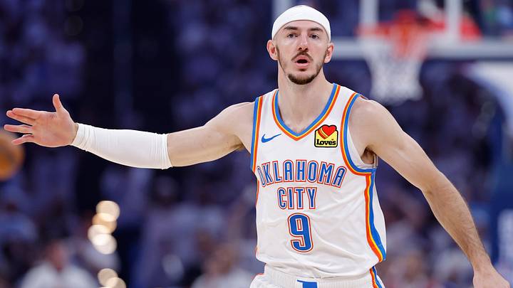 May 26, 2026; Oklahoma City, Oklahoma, USA; Oklahoma City Thunder guard Alex Caruso (9) reacts after a basket during the first quarter against the San Antonio Spurs in game five of the western conference finals for the 2026 NBA playoffs at Paycom Center. Mandatory Credit: Alonzo Adams-Imagn Images May 26, 2026; Oklahoma City, Oklahoma, USA; Oklahoma City Thunder guard Alex Caruso (9) reacts after a basket during the first quarter against the San Antonio Spurs in game five of the western conference finals for the 2026 NBA playoffs at Paycom Center. Mandatory Credit: Alonzo Adams-Imagn Images