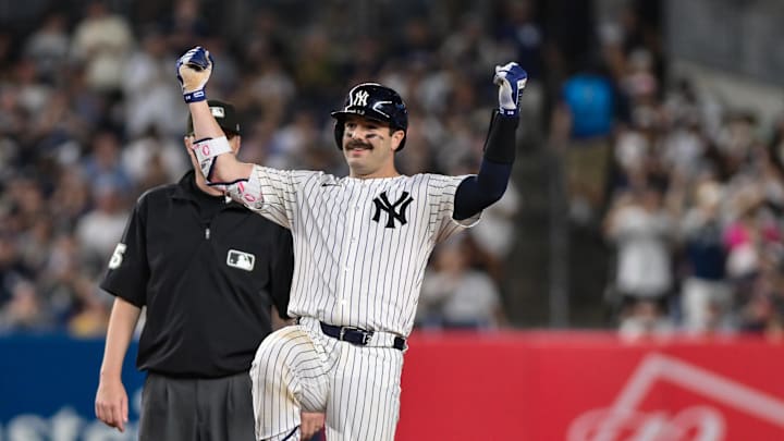 Sep 23, 2025; Bronx, New York, USA; New York Yankees catcher Austin Wells (28) reacts after hitting a RBI double against the Chicago White Sox during the second inning at Yankee Stadium. Mandatory Credit: John Jones-Imagn Images