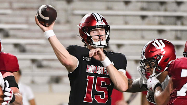 Indiana quarterback Tyler Cherry throws a pass April 18, 2024, during the football spring game at Memorial Stadium in Bloomington.
