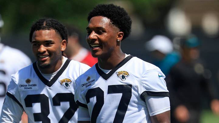 Jacksonville Jaguars cornerback Caleb Ransaw (27) smiles with safety Cam'Ron Silmon-Craig (32) during the second mandatory minicamp at Miller Electric Center Wednesday, June 11, 2025 in Jacksonville, Fla. Jacksonville Jaguars cornerback Caleb Ransaw (27) smiles with safety Cam'Ron Silmon-Craig (32) during the second mandatory minicamp at Miller Electric Center Wednesday, June 11, 2025 in Jacksonville, Fla.
