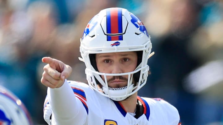 Buffalo Bills quarterback Josh Allen (17) calls a play during the first quarter of an NFL football AFC Wild Card playoff matchup, Sunday, Jan. 11, 2026, in Jacksonville, Fla. The Bills defeated the Jaguars 27-24. [Corey Perrine/Florida Times-Union]