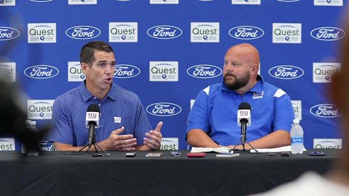 Jul 26, 2023; East Rutherford, NJ, USA; New York Giants general manager Joe Schoen, left, speaks