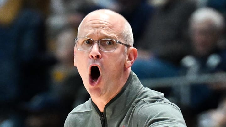 Oct 28, 2025; Hartford, CT, USA; Connecticut Huskies head coach Dan Hurley reacts during the second half against the Michigan State Spartans at PeoplesBank Arena.