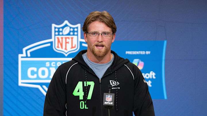 Feb 28, 2026; Indianapolis, IN, USA; Florida offensive lineman Jake Slaughter (OL47) speaks to members of the media during the NFL Combine at the Indiana Convention Center. Mandatory Credit: Jacob Musselman-Imagn Images