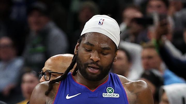 Detroit Pistons center Isaiah Stewart (28) reacts after a fight against the Minnesota Timberwolves during the second quarter at Target Center. Stewart was later ejected from the game on Mar 30, 2025.