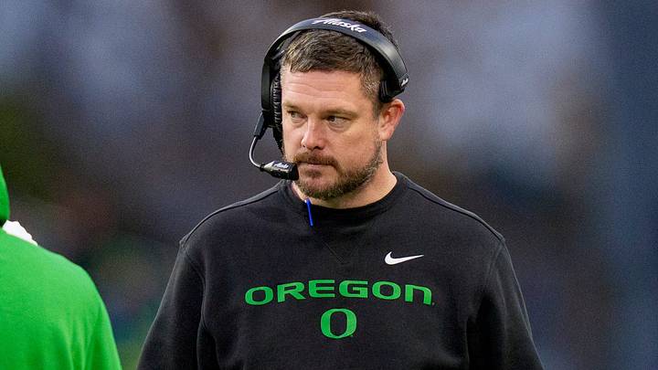 Oregon head coach Dan Lanning walks off the field after a timeout as the Oregon Ducks take on the Washington Huskies on Nov. 29, 2025, at Husky Stadium in Seattle, Washington. Oregon head coach Dan Lanning walks off the field after a timeout as the Oregon Ducks take on the Washington Huskies on Nov. 29, 2025, at Husky Stadium in Seattle, Washington.