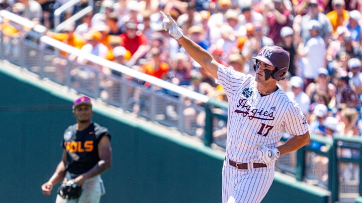 Jun 23, 2024; Omaha, NE, USA; Texas A&M Aggies right fielder Jace Laviolette (17) celebrates after hitting a home run against the Tennessee Volunteers during the first inning at Charles Schwab Field Omaha. Mandatory Credit: Dylan Widger-Imagn Images