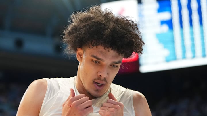 Feb 14, 2026; Chapel Hill, North Carolina, USA; North Carolina Tar Heels forward Zayden High (1) reacts in the first half at Dean E. Smith Center. Mandatory Credit: Bob Donnan-Imagn Images