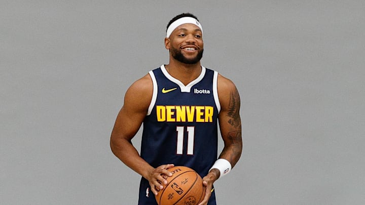 Sep 29, 2025; Denver, CO, USA; Denver Nuggets player Bruce Brown (11) poses for a picture during media day at Ball Arena. Mandatory Credit: Isaiah J. Downing-Imagn Images