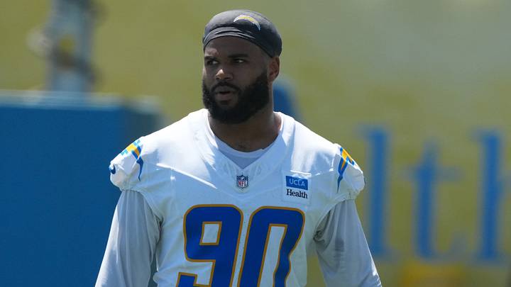 Jul 30, 2026; El Segundo, CA, USA; Los Angeles Chargers linebacker Akheem Mesidor (90) at training camp at The Bolt. Mandatory Credit: Kirby Lee-Imagn Images Jul 30, 2026; El Segundo, CA, USA; Los Angeles Chargers linebacker Akheem Mesidor (90) at training camp at The Bolt. Mandatory Credit: Kirby Lee-Imagn Images