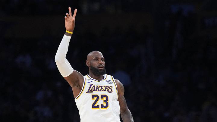 Apr 12, 2026; Los Angeles, California, USA; Los Angeles Lakers forward LeBron James (23) gestures against the Utah Jazz in the first half at Crypto.com Arena. Mandatory Credit: Kirby Lee-Imagn Images