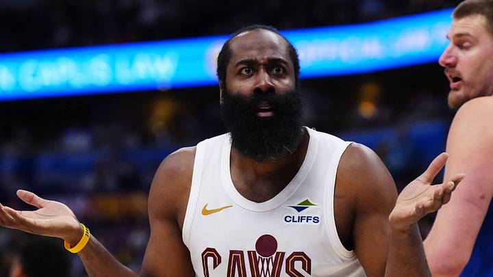 Feb 9, 2026; Denver, Colorado, USA; Cleveland Cavaliers guard James Harden (1) reacts in the third quarter against the Denver Nuggets at Ball Arena. Mandatory Credit: Ron Chenoy-Imagn Images