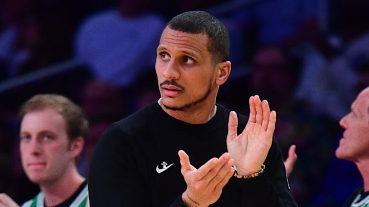 Feb 22, 2026; Los Angeles, California, USA; Boston Celtics head coach Joe Mazzulla watches game action against the Los Angeles Lakers during the second half at Crypto.com Arena. Mandatory Credit: Gary A. Vasquez-Imagn Images