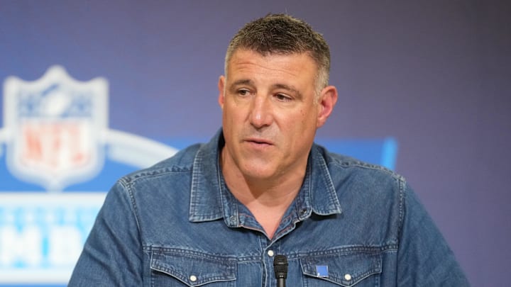 Feb 25, 2026; Indianapolis, IN, USA; New England Patriots coach Mike Vrabel speaks during the NFL Scouting Combine at the Indiana Convention Center. Mandatory Credit: Kirby Lee-Imagn Images