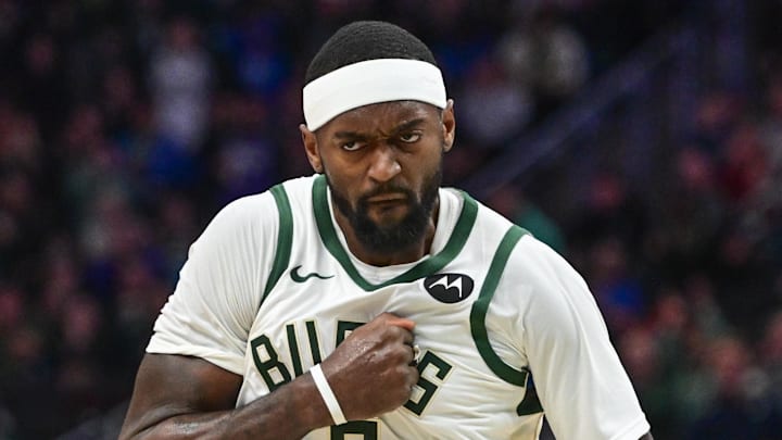 Milwaukee Bucks forward Bobby Portis (9) reacts after scoring a basket in the third quarter against the Utah Jazz at Fiserv Forum. Jan 8, 2024.