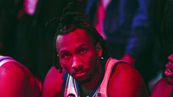 Kansas Jayhawks guard Darryn Peterson awaits introductions prior to a game against the UCF Knights at Allen Fieldhouse