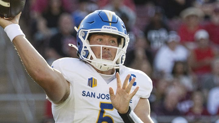 Sep 27, 2025; Stanford, California, USA;  San Jose State Spartans quarterback Walker Eget (5) throws the football during the first quarter against the Stanford Cardinal at Stanford Stadium. Mandatory Credit: Stan Szeto-Imagn Images