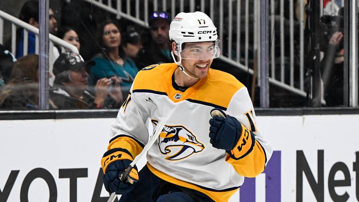 Apr 4, 2026; San Jose, California, USA; Nashville Predators center Tyson Jost (17) celebrates their open net goal  Sharks in the third period at SAP Center at San Jose. Mandatory Credit: Eakin Howard-Imagn Images