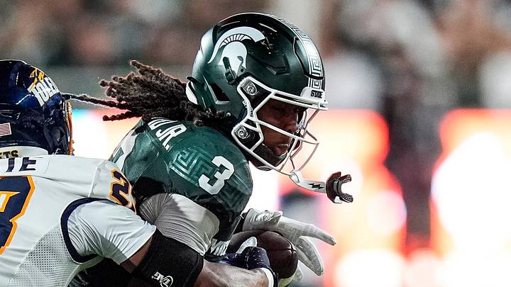 Michigan State wide receiver Rodney Bullard Jr. (3) runs against Toledo cornerback Israel Petite (23) during the first half at Spartan Stadium in East Lansing on Friday, Sept. 4, 2026. Michigan State wide receiver Rodney Bullard Jr. (3) runs against Toledo cornerback Israel Petite (23) during the first half at Spartan Stadium in East Lansing on Friday, Sept. 4, 2026.