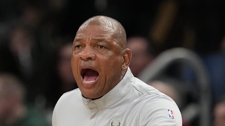 Milwaukee Bucks head coach Doc Rivers calls out during the first quarter against the Cleveland Cavaliers at Fiserv Forum on February 25, 2206. Milwaukee Bucks head coach Doc Rivers calls out during the first quarter against the Cleveland Cavaliers at Fiserv Forum on February 25, 2206.