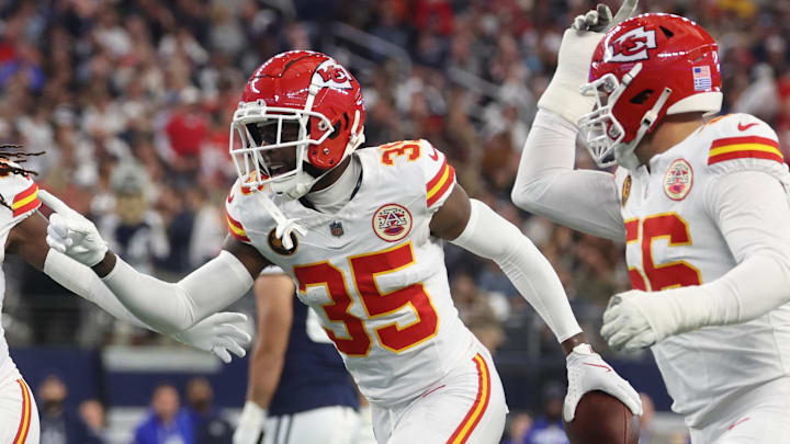 Nov 27, 2025; Arlington, Texas, USA; Kansas City Chiefs linebacker Nick Bolton (32) and Kansas City Chiefs cornerback Jaylen Watson (35) celebrate after an interception against the Dallas Cowboys during the first quarter at AT&T Stadium. Mandatory Credit: Kevin Jairaj-Imagn Images