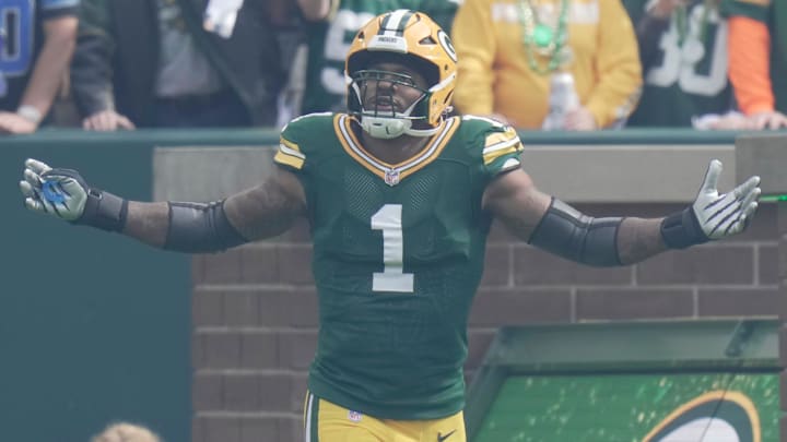 Green Bay Packers defensive end Micah Parsons (1) is introduced before their game against the Detroit Lions on Sunday, September 7, 2025, at Lambeau Field in Green Bay, Wisconsin.