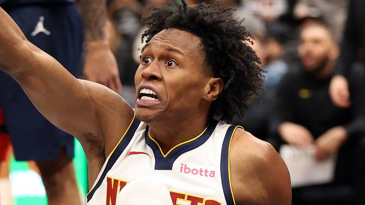 Jan 22, 2026; Washington, District of Columbia, USA; Denver Nuggets guard Peyton Watson (8) reacts to a call during the second half against the Washington Wizards at Capital One Arena. Mandatory Credit: Daniel Kucin Jr.-Imagn Images