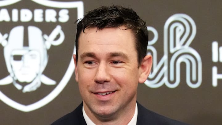 Feb 10, 2026; Henderson, NV, USA; Las Vegas Raiders coach Klint Kubiak speaks at introductory press conference at Intermountain Health Performance Center. Mandatory Credit: Kirby Lee-Imagn Images Feb 10, 2026; Henderson, NV, USA; Las Vegas Raiders coach Klint Kubiak speaks at introductory press conference at Intermountain Health Performance Center. Mandatory Credit: Kirby Lee-Imagn Images