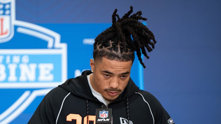 Feb 27, 2026; Indianapolis, IN, USA; Southern California wideout Makai Lemon (WO29) speaks to members of the media during the NFL Combine at the Indiana Convention Center. Mandatory Credit: Jacob Musselman-Imagn Images