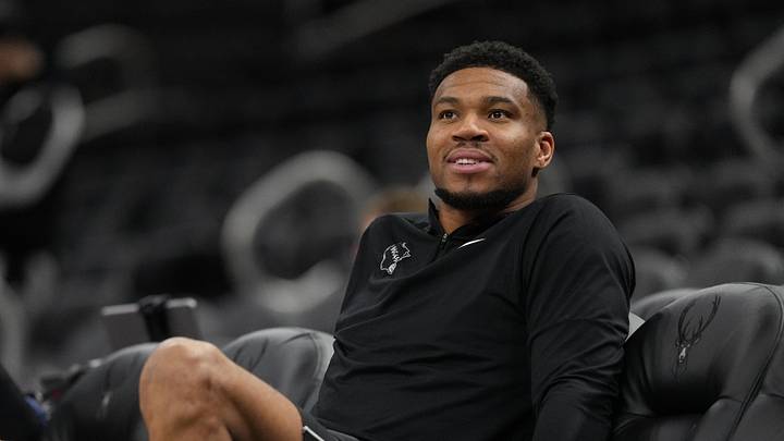 Apr 10, 2026; Milwaukee, Wisconsin, USA;  Milwaukee Bucks forward Giannis Antetokounmpo looks on during warmups prior to the game against the Brooklyn Nets at Fiserv Forum. Mandatory Credit: Jeff Hanisch-Imagn Images