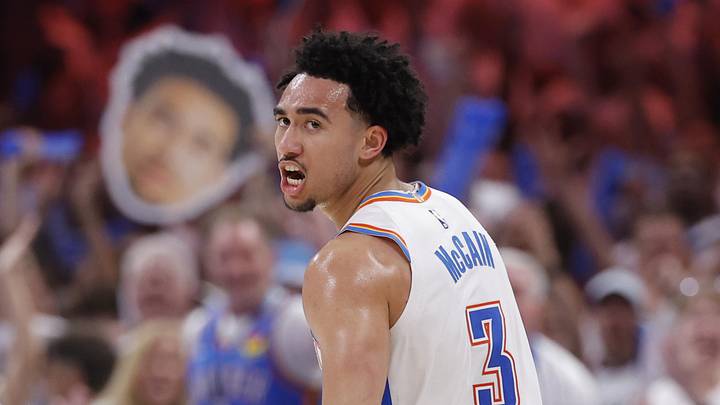 May 26, 2026; Oklahoma City, Oklahoma, USA; Oklahoma City Thunder guard Jared McCain (3) reacts after a basket during the third quarter against the San Antonio Spurs in game five of the western conference finals for the 2026 NBA playoffs at Paycom Center. Mandatory Credit: Alonzo Adams-Imagn Images May 26, 2026; Oklahoma City, Oklahoma, USA; Oklahoma City Thunder guard Jared McCain (3) reacts after a basket during the third quarter against the San Antonio Spurs in game five of the western conference finals for the 2026 NBA playoffs at Paycom Center. Mandatory Credit: Alonzo Adams-Imagn Images