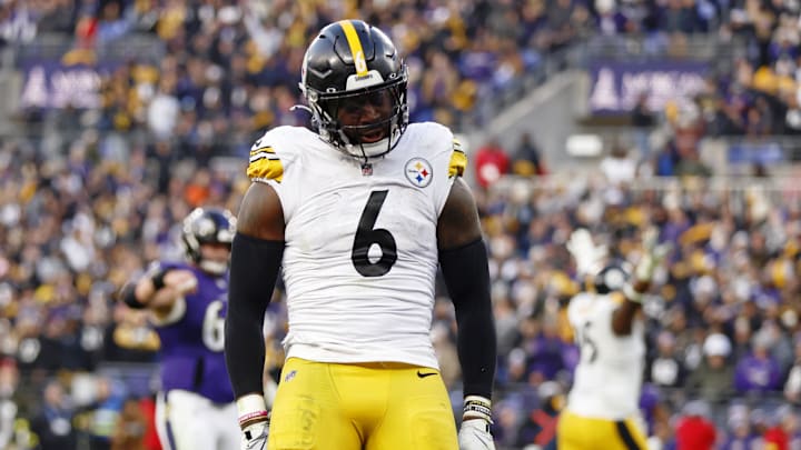 Dec 7, 2025; Baltimore, Maryland, USA; Pittsburgh Steelers linebacker Patrick Queen (6) reacts after a defensive stop against the Baltimore Ravens during the second half at M&T Bank Stadium. Mandatory Credit: Peter Casey-Imagn Images