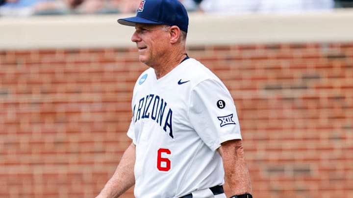 Jun 7, 2025; Chapel Hill, NC, USA; Arizona Head Coach Chip Hale walks out during the third inning of the Super Regionals game against North Carolina in Chapel Hill, North Carolina. Mandatory Credit: Jaylynn Nash-Imagn Images