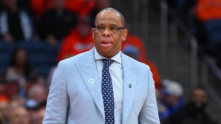 Feb 21, 2026; Syracuse, New York, USA; North Carolina Tar Heels head coach Hubert Davis looks on during the first half against the Syracuse Orange at the JMA Wireless Dome. Mandatory Credit: Rich Barnes-Imagn Images