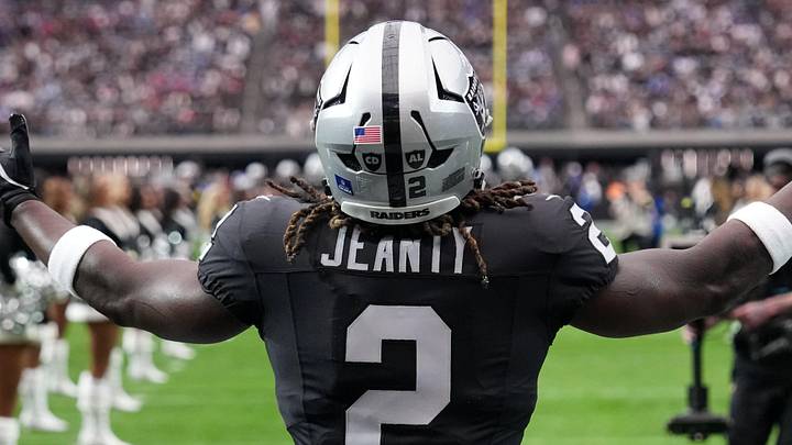 Dec 28, 2025; Paradise, Nevada, USA; Las Vegas Raiders running back Ashton Jeanty (2) enters the field before the game against the New York Giants at Allegiant Stadium. Mandatory Credit: Kirby Lee-Imagn Images