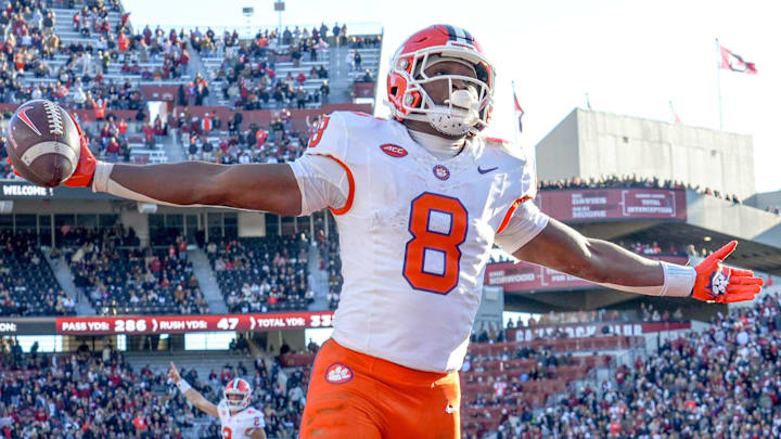 Clemson running back Adam Randall (8) scores a two-point conversion against South Carolina during the fourth quarter at Williams-Brice Stadium in Columbia, S.C. Saturday, November 29, 2025.