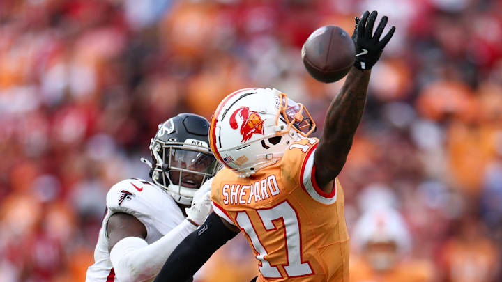 Tampa Bay Buccaneers wide receiver Sterling Shepard goes out of reach against the Atlanta Falcons.
