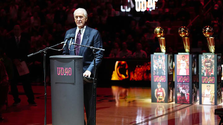 Jan 19, 2024; Miami, Florida, USA; Miami Heat president Pat Riley speaks during the jersey retirement ceremony for former player Udonis Haslem during halftime of the game between the Miami Heat and the Atlanta Hawks Kaseya Center. Mandatory Credit: Jasen Vinlove-Imagn Images