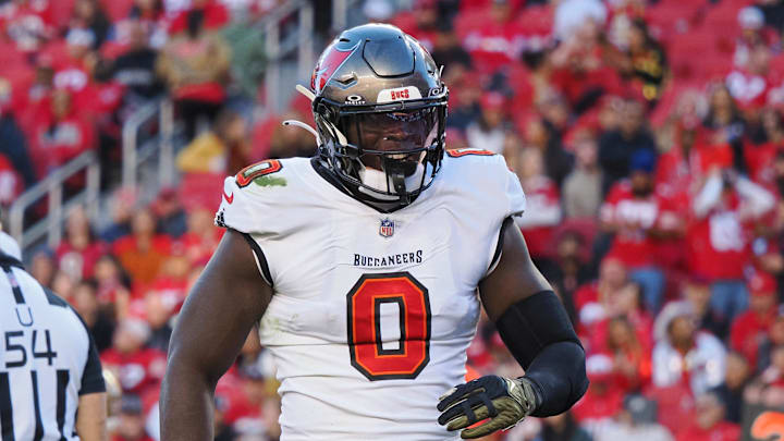 Nov 19, 2023; Santa Clara, California, USA; Tampa Bay Buccaneers outside linebacker Yaya Diaby (0) reacts after a sack against the San Francisco 49ers during the fourth quarter at Levi's Stadium. Mandatory Credit: Kelley L Cox-Imagn Images Nov 19, 2023; Santa Clara, California, USA; Tampa Bay Buccaneers outside linebacker Yaya Diaby (0) reacts after a sack against the San Francisco 49ers during the fourth quarter at Levi's Stadium. Mandatory Credit: Kelley L Cox-Imagn Images