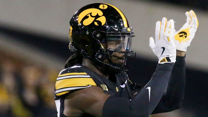 Iowa defensive back Jermari Harris (27) applauds after a play against Wisconsin Saturday, Nov. 2, 2024 at Kinnick Stadium in Iowa City, Iowa. Iowa defensive back Jermari Harris (27) applauds after a play against Wisconsin Saturday, Nov. 2, 2024 at Kinnick Stadium in Iowa City, Iowa.