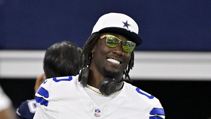 Aug 16, 2025; Arlington, Texas, USA; Dallas Cowboys linebacker DeMarvion Overshown (0) looks on before the game between the Dallas Cowboys and the Baltimore Ravens at AT&T Stadium. Mandatory Credit: Jerome Miron-Imagn Images
