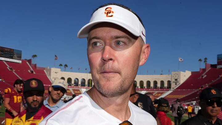Sep 28, 2024; Los Angeles, California, USA; Southern California Trojans head coach Lincoln Riley reacts after a game against the Wisconsin Badgers at United Airlines Field at Los Angeles Memorial Coliseum. Mandatory Credit: Kirby Lee-Imagn Images