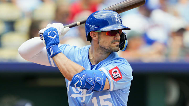 Jul 30, 2025; Kansas City, Missouri, USA; Kansas City Royals right fielder Randal Grichuk (15) bats during the second inning against the Atlanta Braves at Kauffman Stadium. Mandatory Credit: Jay Biggerstaff-Imagn Images