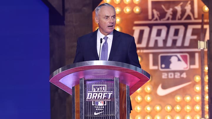 Jul 14, 2024; Ft. Worth, TX, USA;  MLB Commissioner Rob Manfred during the first round of the MLB Draft at Cowtown Coliseum. Mandatory Credit: Kevin Jairaj-Imagn Images