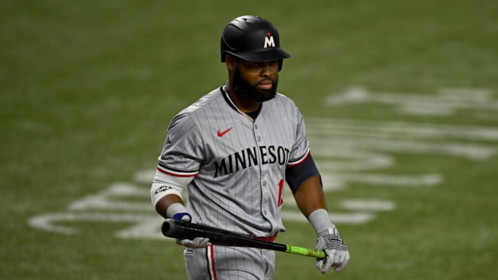 Aug 15, 2024; Arlington, Texas, USA; Minnesota Twins left fielder Manuel Margot (13) in action during the game between the Texas Rangers and the Minnesota Twins at Globe Life Field.